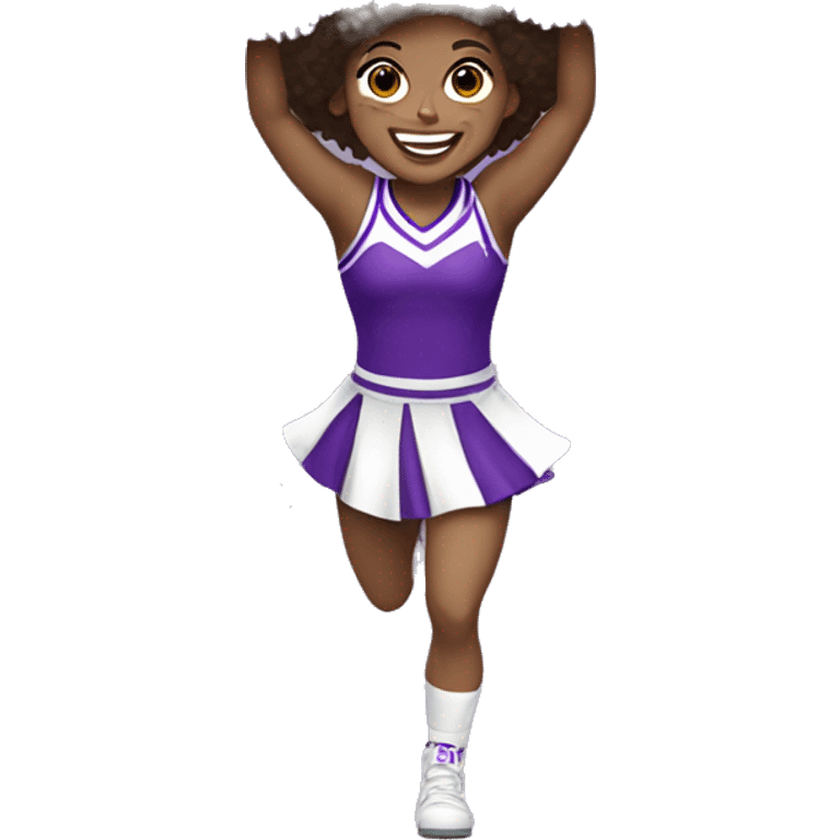 Caucasian cheerleader with dark brown curly hair, jumping and holding up two purple Pom poms, small full body emoji emoji