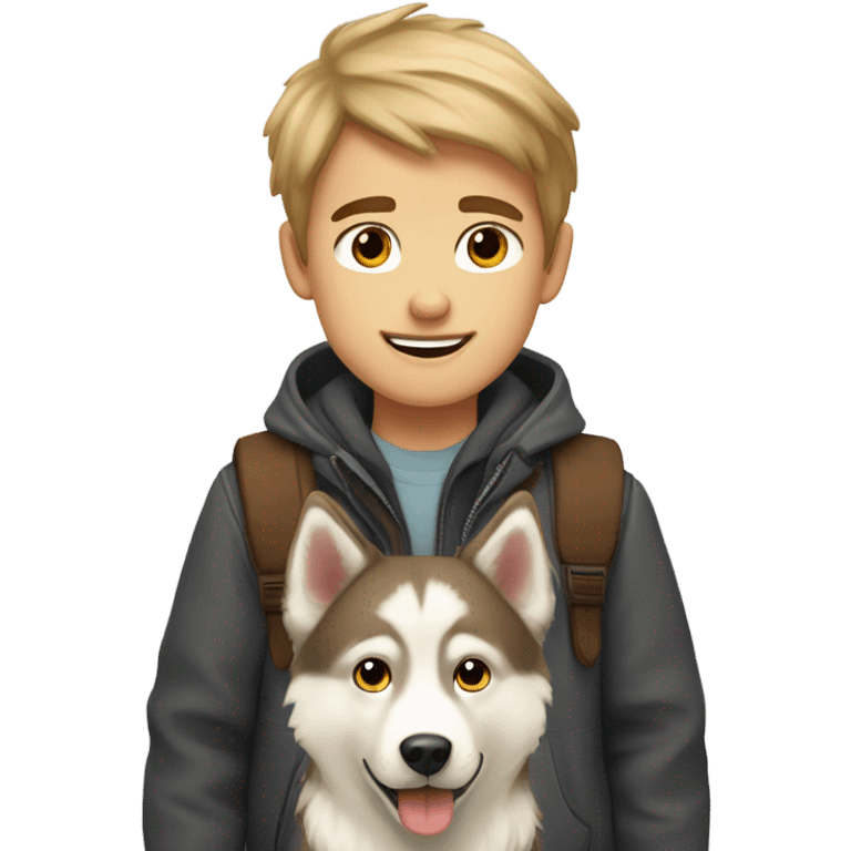 two boys , A brown and a blond with a sibérian Husky  emoji