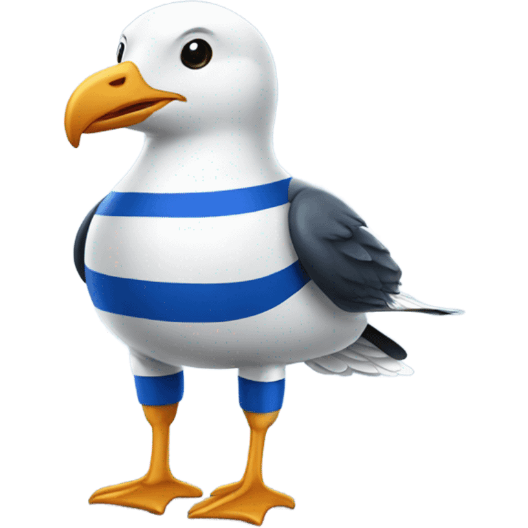 Seagull dressed in blue and white stripes soccer uniform  emoji