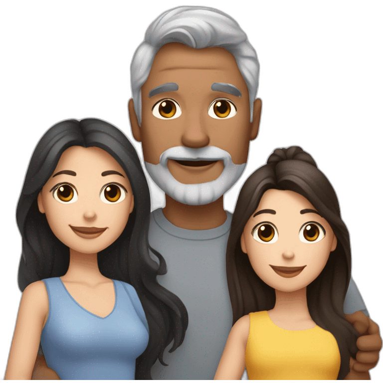 Family-father-mother with-grey-hair-two-brunettes-daughters-with-long-hair-and-one-black-French-bulldog emoji