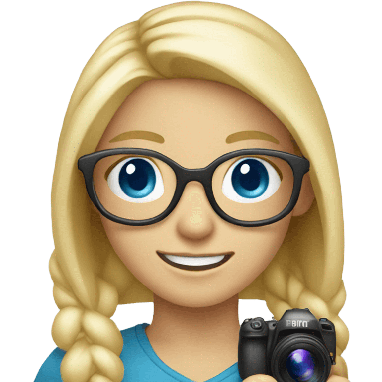 blonde girl with glasses smiling blue eyes taking pictures with a camera  emoji