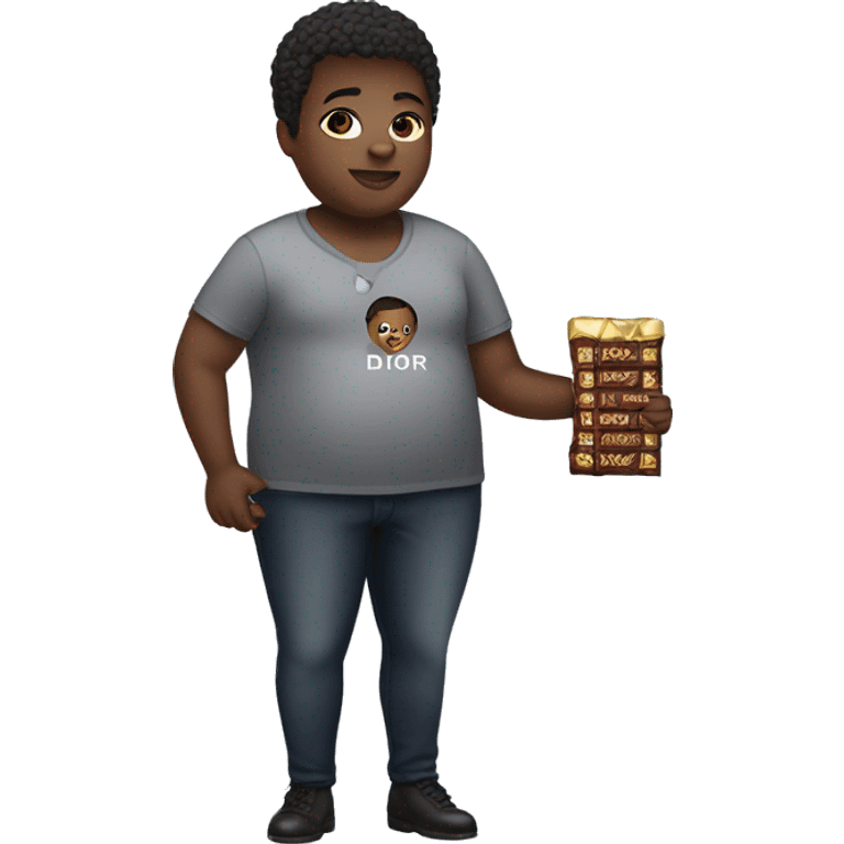 Fat African American with short hair holding a chocolate bar in a Dior shirt  emoji