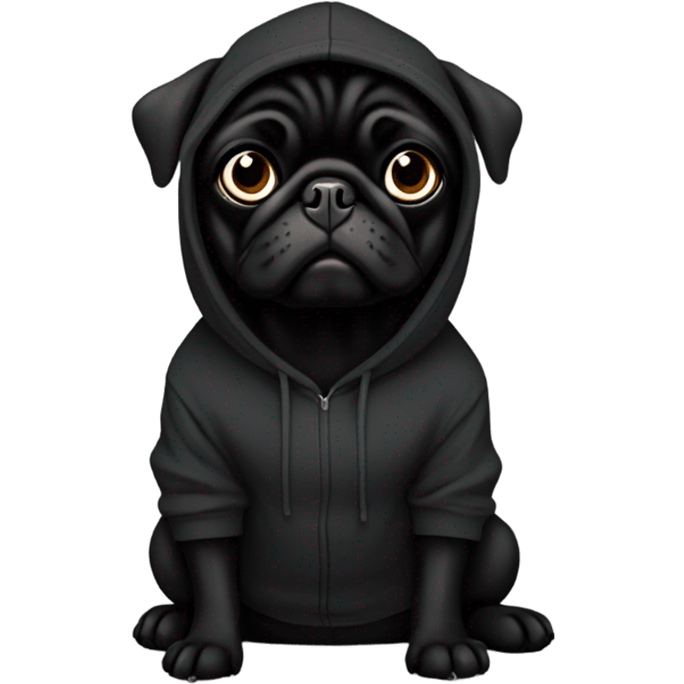 Black pug wearing a black hoodie emoji