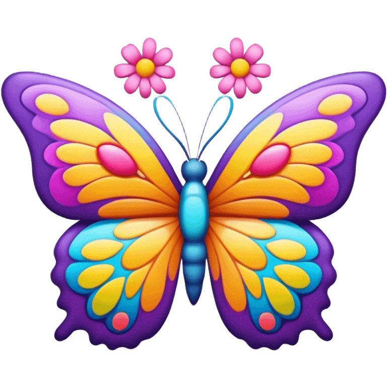 3D, psychedelic colored hippie style butterfly with flowers emoji