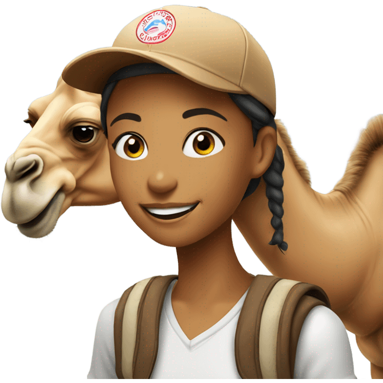 smiling girl in baseball cap on a camel emoji