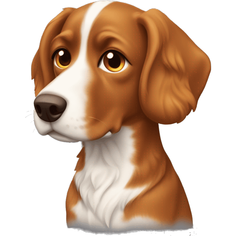 French brittany dog with wavy hair. Face is all brown. Little bit of a light orange under his eyes/up his snout. Light orange eyebrows. Head is brown in color. Wavy brown ears. Ears are all brown.  emoji