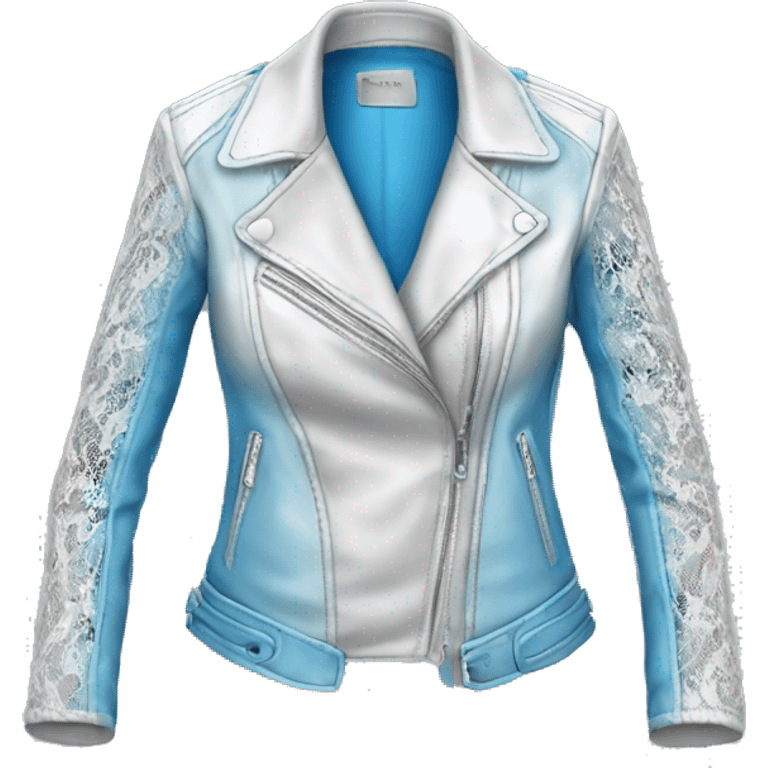 Realistic isolated open womens silver to white ombre leather jacket with sky blue lace. emoji