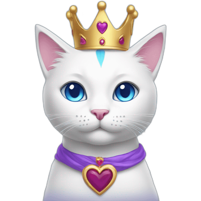 white cat with blue eyes, a purple heart and a crown on her head emoji