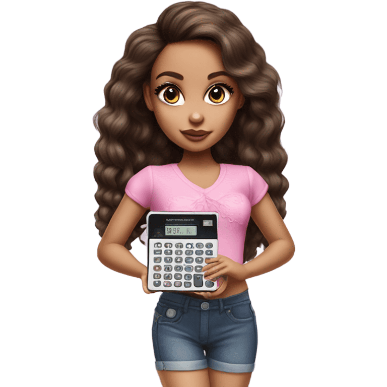 Hyper realistic bratz doll brunette with small pink calculator emoji