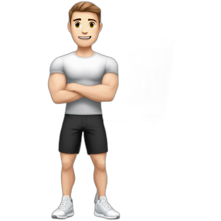 Pale skinned Fit Man With the biceps and brown hair in black shirt, gray sports shorts and white Sneakers Writing text on the flipchart emoji