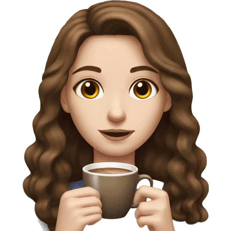 a brown haired girl with pale skin having a coffe emoji