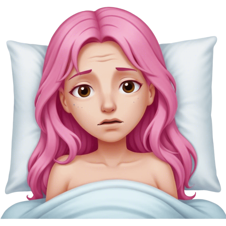 Woman with long pink hair In bed with sinus pain  emoji