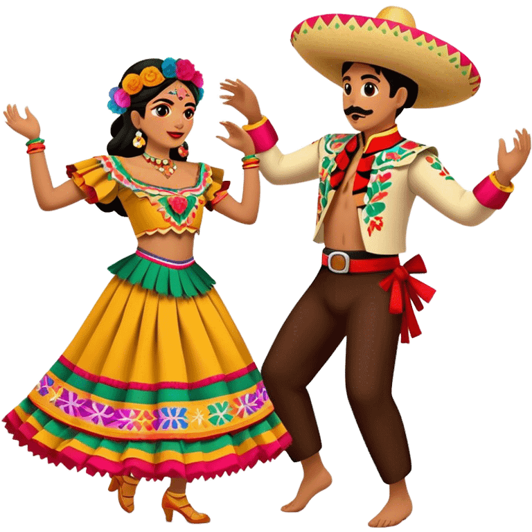 Cinematic Realistic scene of two performers dancing the Jarabe Tapatío, dressed in colorful traditional Mexican costumes with intricate embroidery, captured in energetic, festive motion with vibrant, celebratory lighting emoji