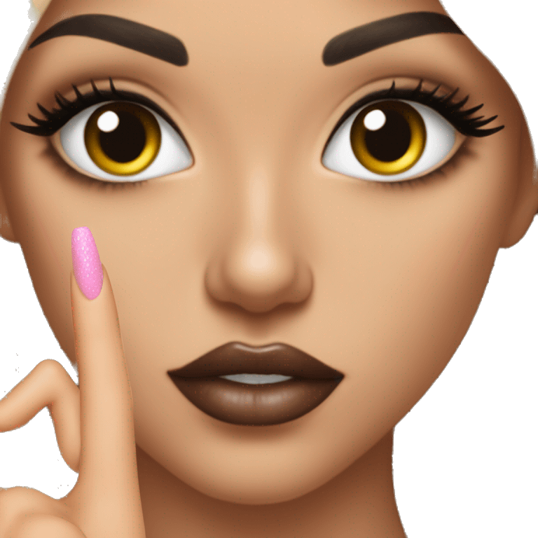 boujee girl with big lips, eyelash extensions, and acrylic nails giving a peace sign  emoji