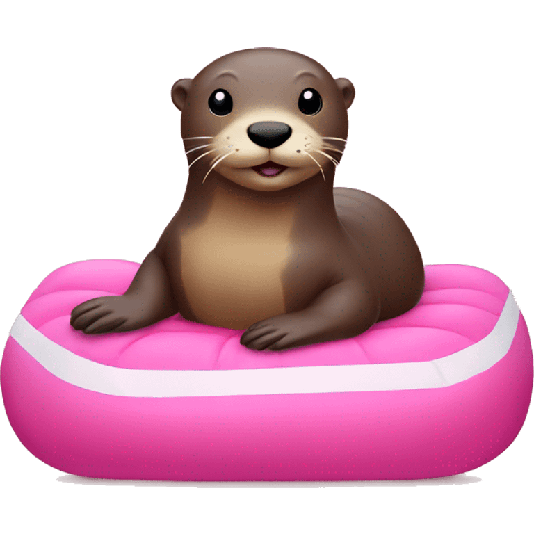 The otter is lying on a pink water mattress emoji