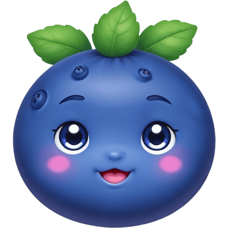 Cute Kawaii Blueberry, small and chubby, deep blue-purple with a tiny leafy crown, bright sparkling eyes, a soft round body, cute blushing cheeks, full of berry sweetness! emoji