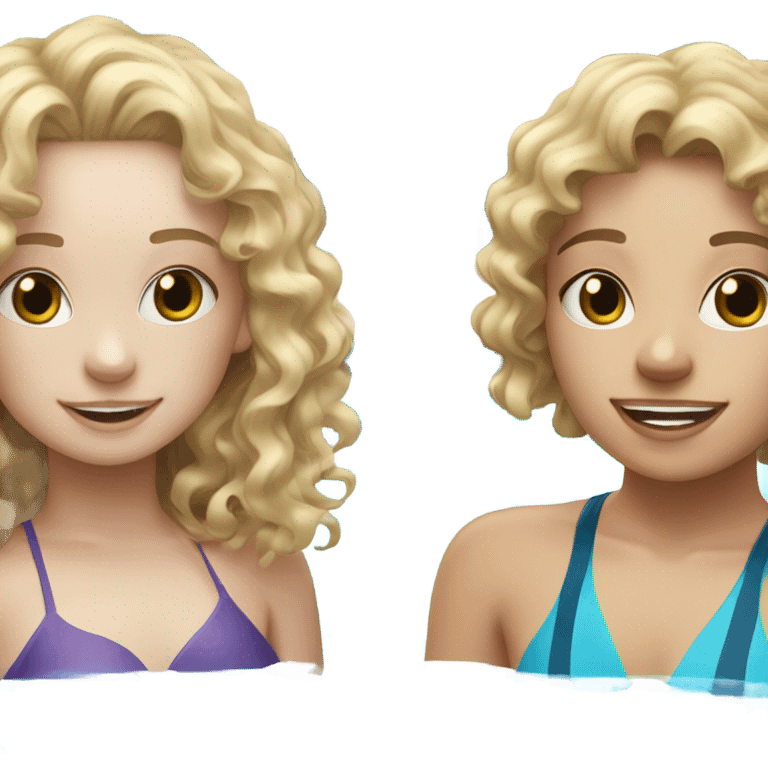 Blonde curly hair girl with freckles and white brunette girl swimming inside the pool emoji