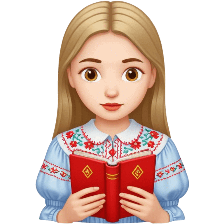 A Ukrainian girl in an embroidered shirt reads a red book emoji