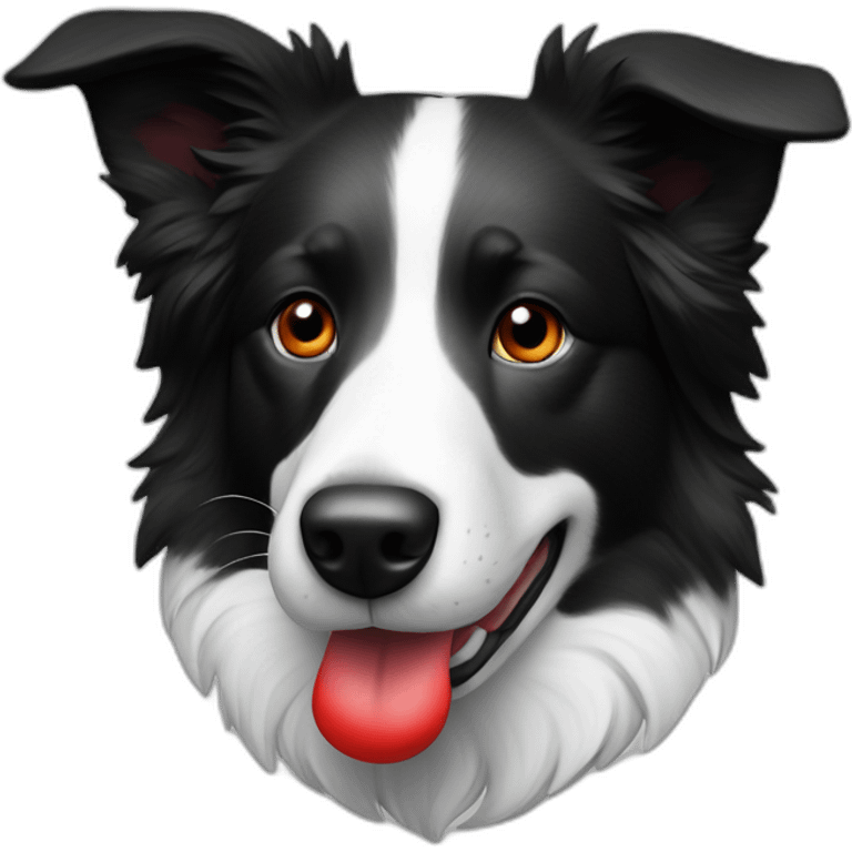 A black and white border collie with an skewed to the left white spot on his head and a red plaque on his collar emoji