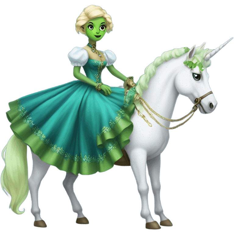 "galora green blonde alien woman" in blue Victorian dress elegant, full body, on unicorn white emoji