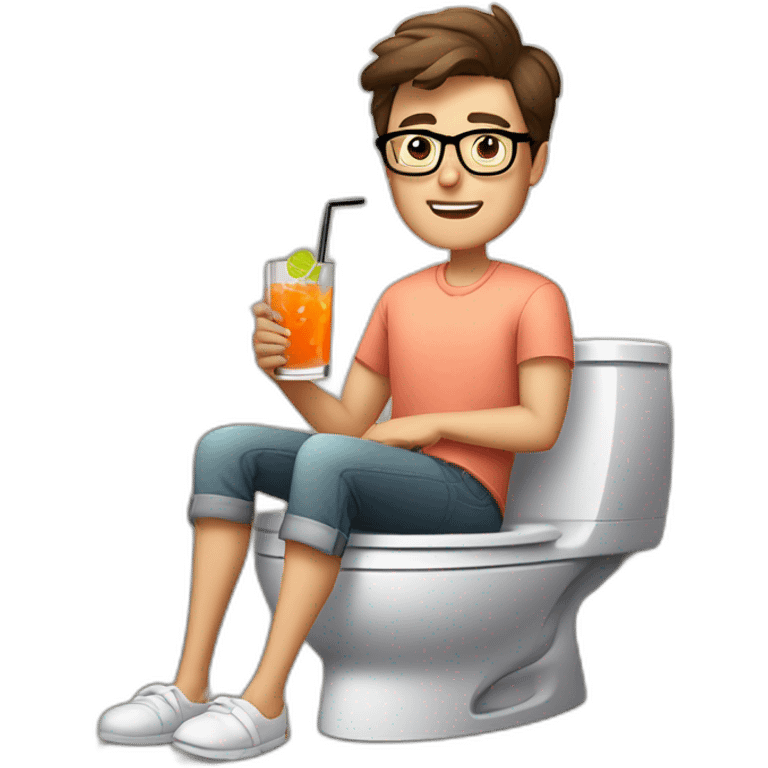 clean-shaven man with short brown hair, octagonal glasses, and salmon colored shirt sitting on the toilet, drinking a cocktail. Sitting on the toilet in the bathroom emoji