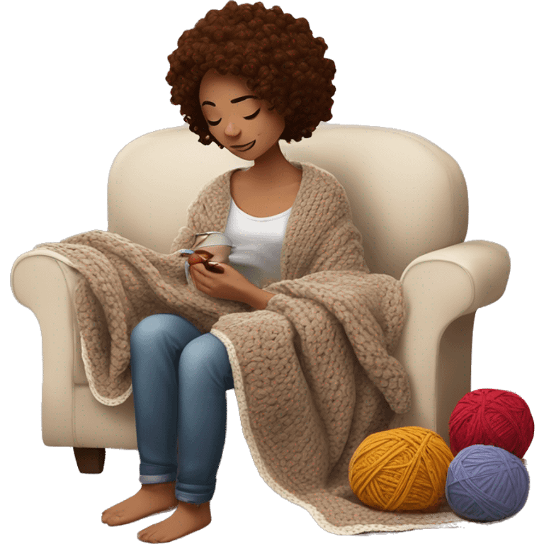 26 year old white woman with brown wavy hair. She is crocheting a garment with a crochet hook and ball of yarn is near her. She is laying on the couch under a blanket. Near her there is a cup of tea emoji