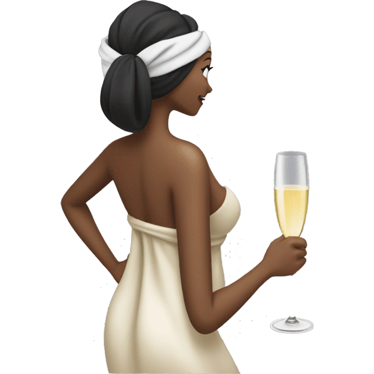 Girl with towel wrapped around her head and body holding a champagne glass in black high heels  emoji