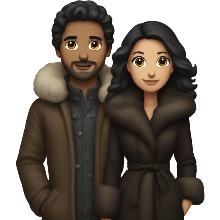 Dark haired couple in long fur coats emoji