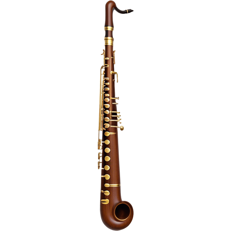 Create an emoji representing a professional bassoon. The design should feature the sleek wooden body of the bassoon with its rich wood tones, showing the intricate keywork and metal springs. The metal tubing of the instrument should be clearly visible, with polished brass accents. Highlight the bell and the distinctive, straight shape of the instrument. The mouthpiece and reed should be visible at the top, emphasizing the functional details. Use warm wood tones like dark brown, with gold and brass accents for the keys and fittings. Add soft musical notes or soundwaves to represent the deep, resonant sound of the bassoon. The background should be transparent. emoji