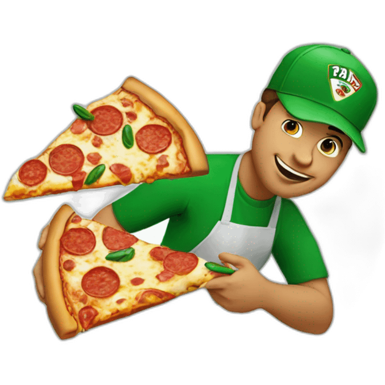 man eating pizza with a green cap with the text PAPA JOHNS emoji