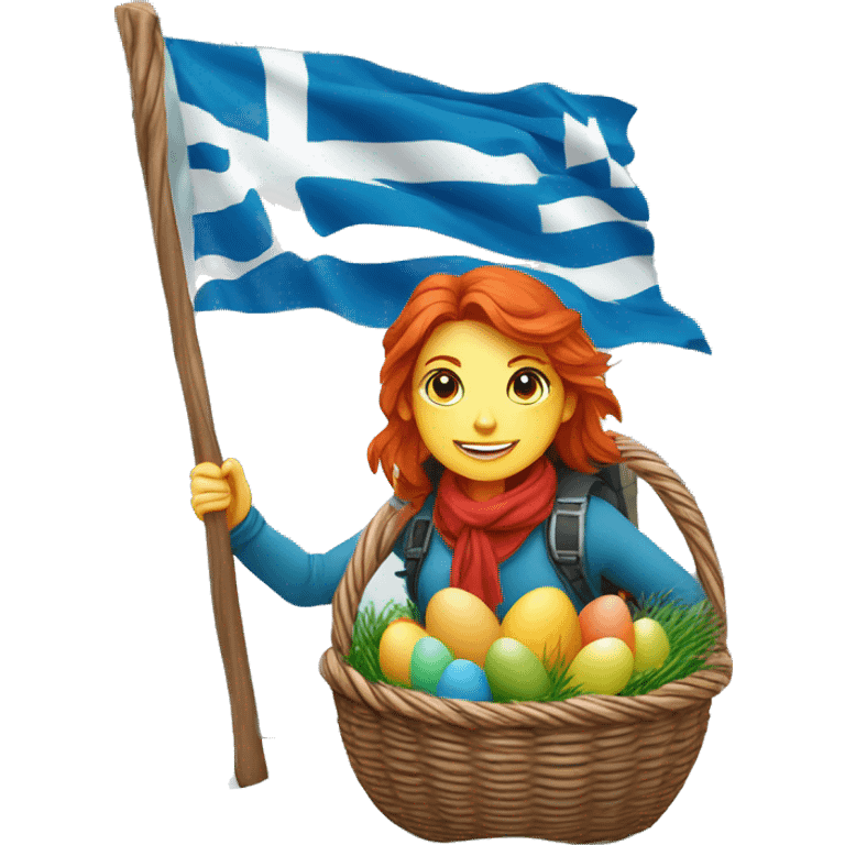 red hair female winter mountaineer climbing with Easter eggsbasket and Greek flag emoji