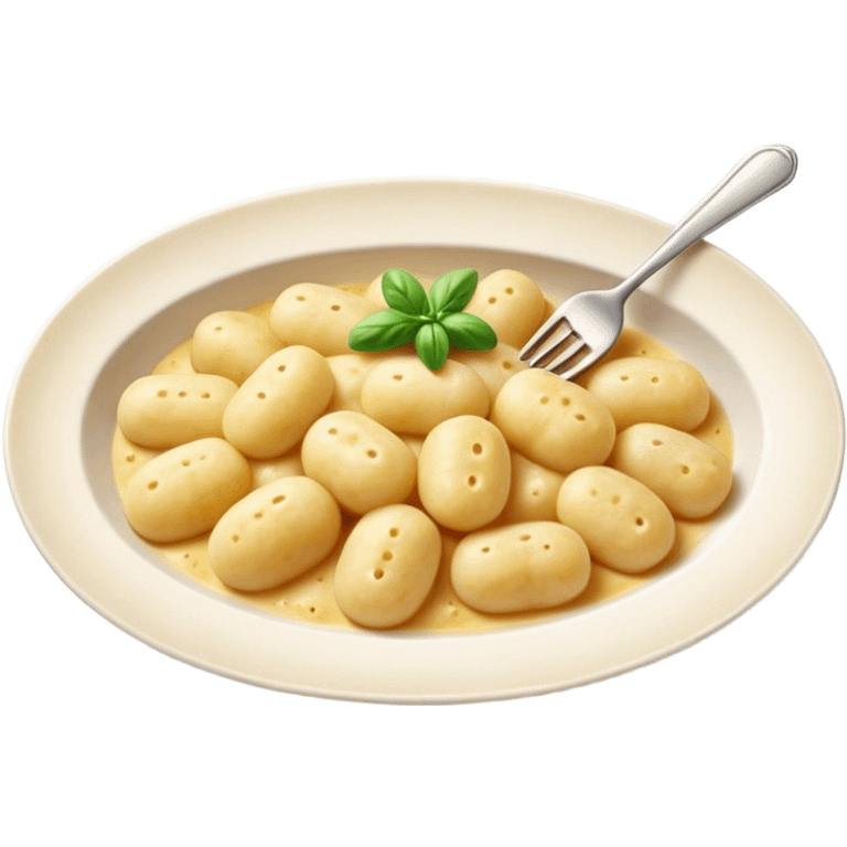 Gnocchi Cinematic Realistic Gnocchi Dish Emoji, depicted as tender oblong potato gnocchi garnished with iconic fork marks on top, rendered with soft textures and warm, inviting lighting. emoji