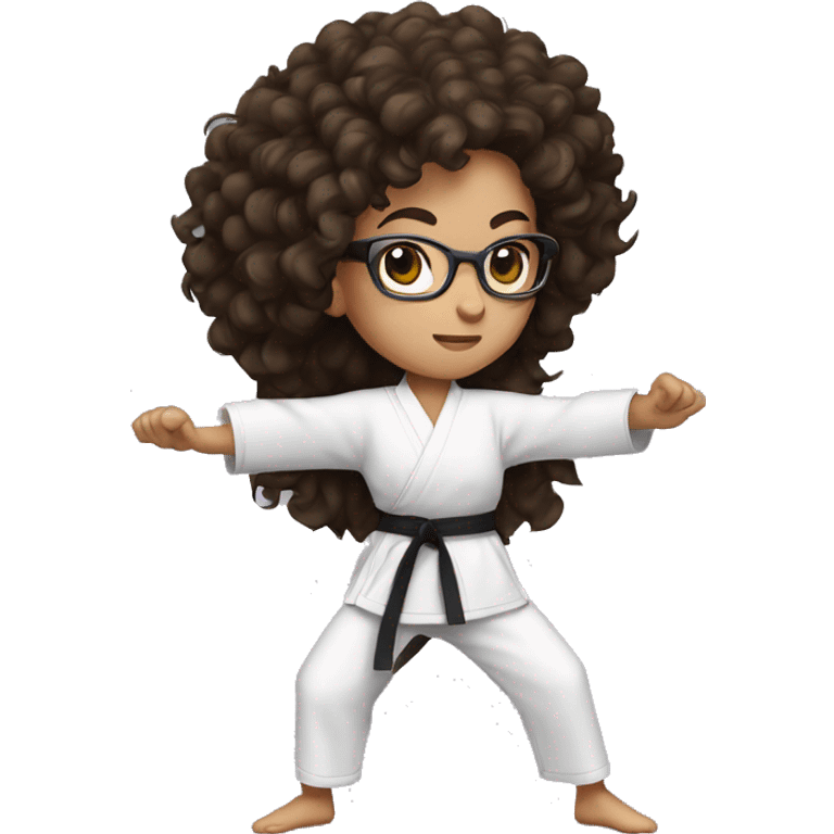 Long curly haired brunette girl with glasses doing karate stance emoji