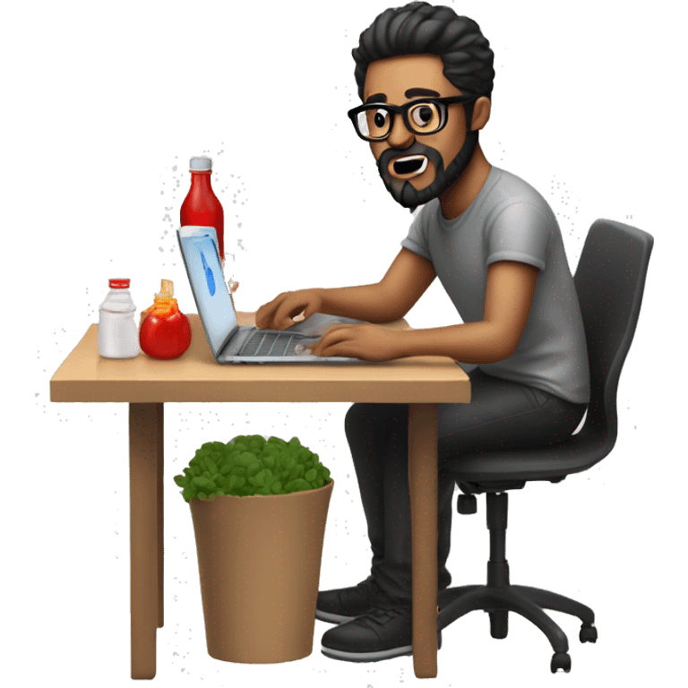 Designer with black hair, beard and glasses working with MacBook and ketchup bottle emoji