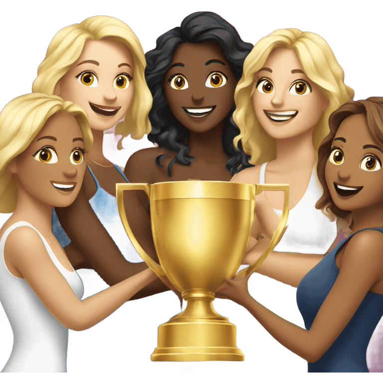 Eight beautiful blonde and Latina women celebrating with 1 huge gold trophy emoji