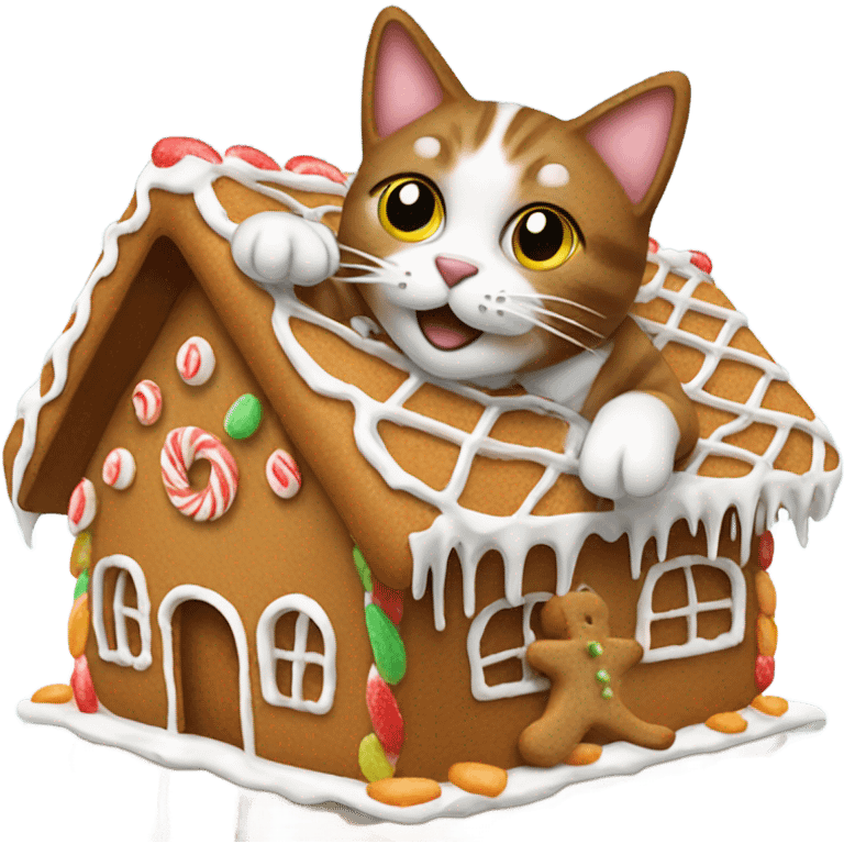 cat eating gingerbread house with gingerbread man emoji