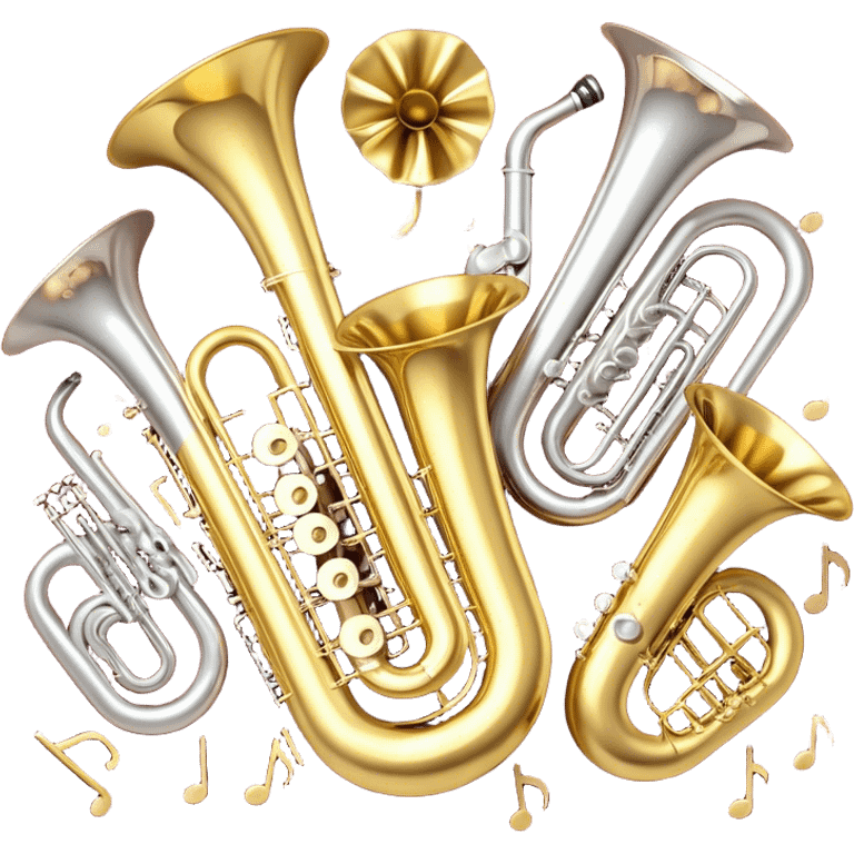 Create a festive and elegant emoji collage featuring a bouquet or fan of bells of wind instrument  (trumpets, saxophones, trombones, tubes, etc.) arranged in a radiant, symmetrical pattern. The instruments should have polished, golden and silver finishes, with their large, shiny bells forming a beautiful, fan-like display. Include a flowing ribbon of musical notes swirling through the center, conveying movement and melody. The background should feature a deep red velvet texture, adding a touch of luxury and sophistication. The overall composition should be balanced, with an elegant and regal feel, with a transparent background to keep focus on the instruments and musical elements. emoji