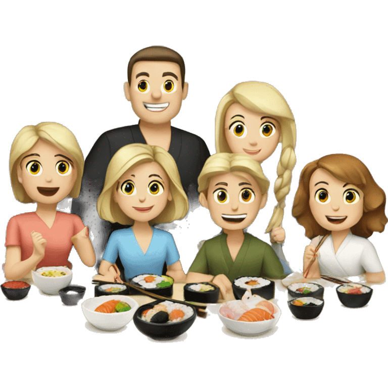 Caucasian family of 7 members eating sushi at kitchen  emoji