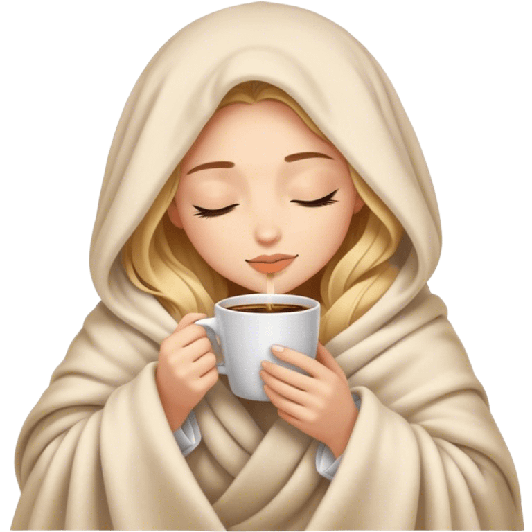 girl inside a blanket sipping coffee eyes closed emoji