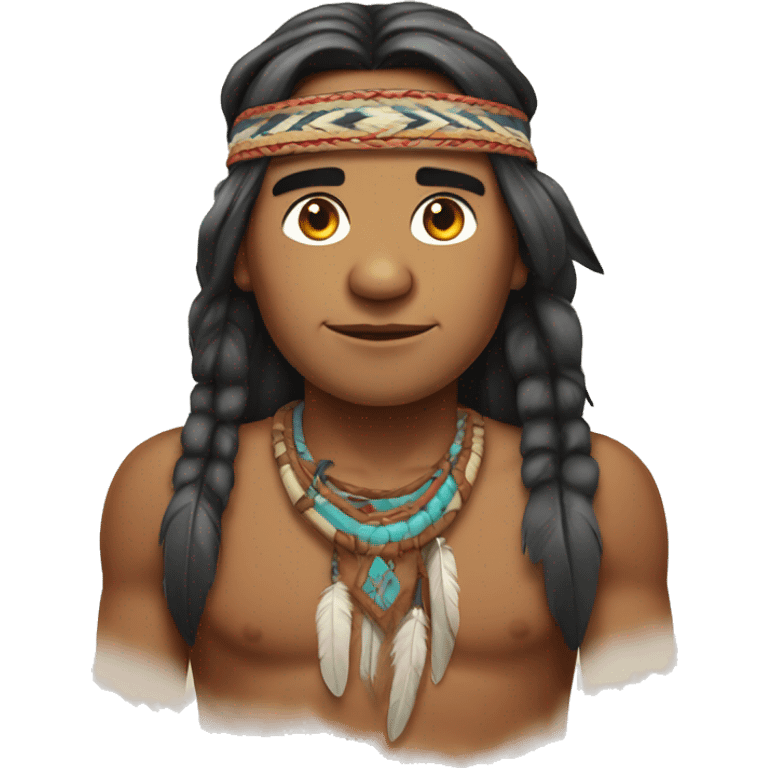 Native American man with feather and headband. Also long braided hair emoji