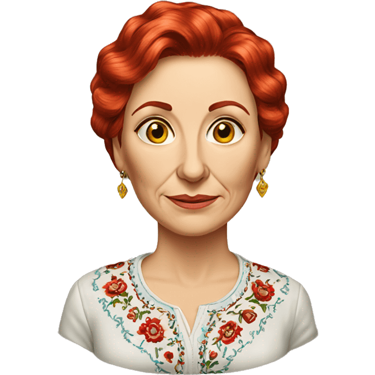 A middle-aged Ukrainian woman writer in an embroidered shirt with red hair
 emoji