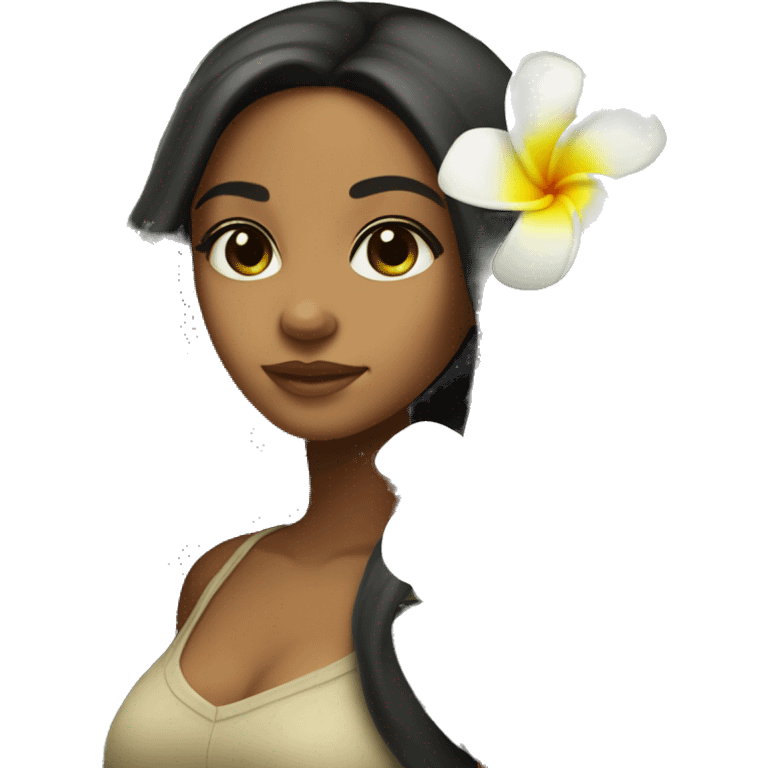 Brown Island girl with long black hair and a plumeria flower emoji