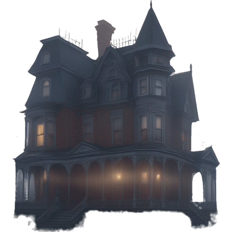 Wide view, A very roomy ramshackle Victorian mansion looms through dense fog at dusk  emoji