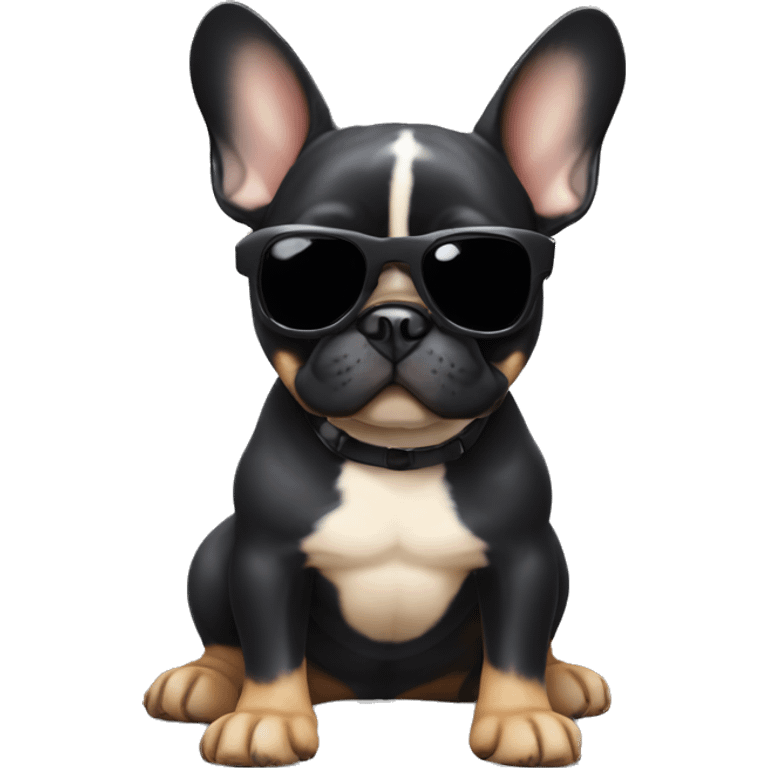 French bulldog with black body and ears and tan paws and belly with sunglasses emoji