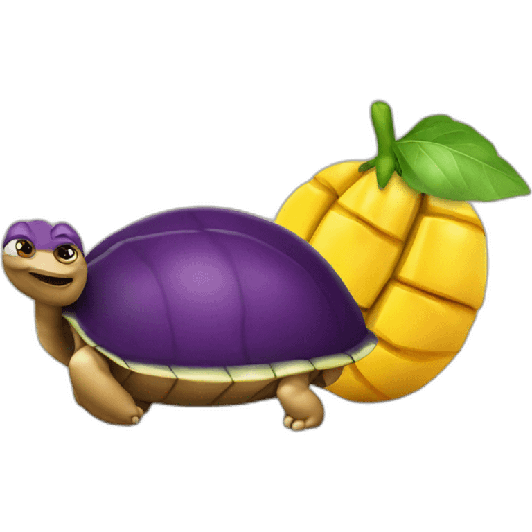 aubergine sur une tortue avec une tete de mangue emoji