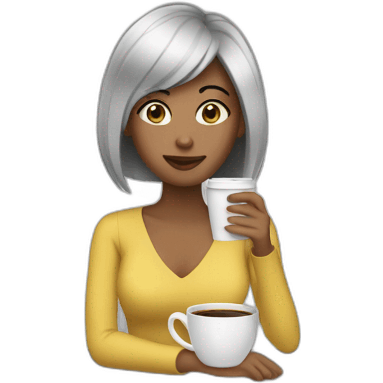 Woman black hair computer and drinking coffee emoji