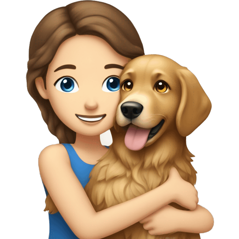 Woman with brown hair and blue eyes hugs golden retriever with brown eyes emoji