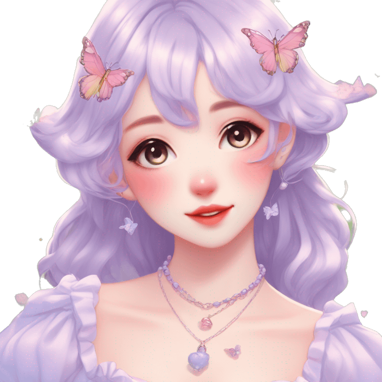 Gorgeous pastel anime style lady with blushing face and butterfly wings necklace cottagecore fairycore pastelcore colorful pearly romantic simplistic aesthetic trending style emoji