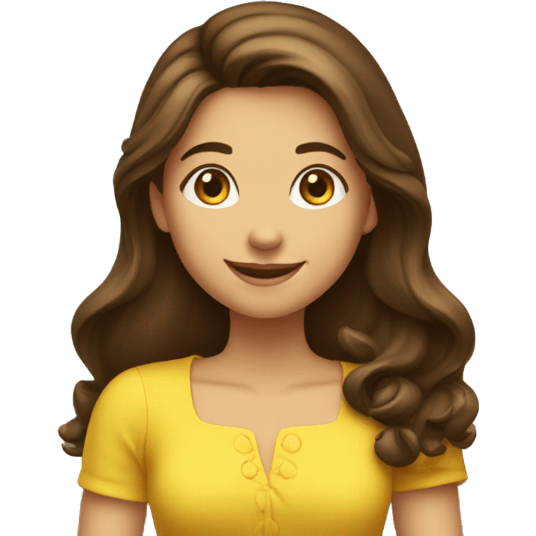 Brunette happy girl with long hair shake her hand for say hi! to someone. She is wearing a yellow dress emoji