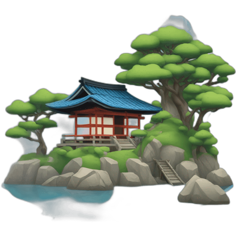 A lakeside island with a shinto shrine and small Japanese house with a blue tiled roof emoji